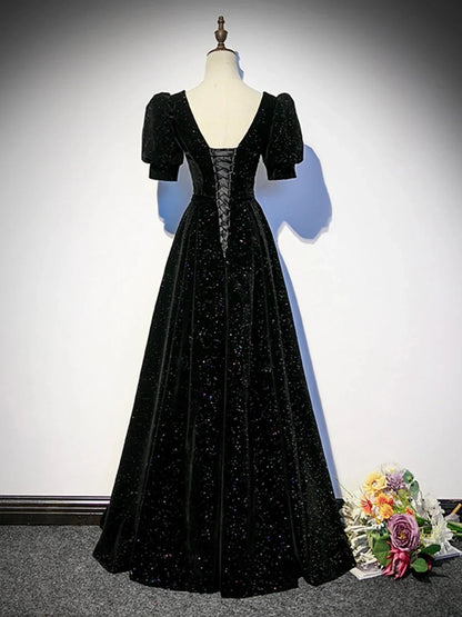 Black A-line Velvet Long Prom Dress Party Dress, Black Short Sleeves Prom Dress TP981