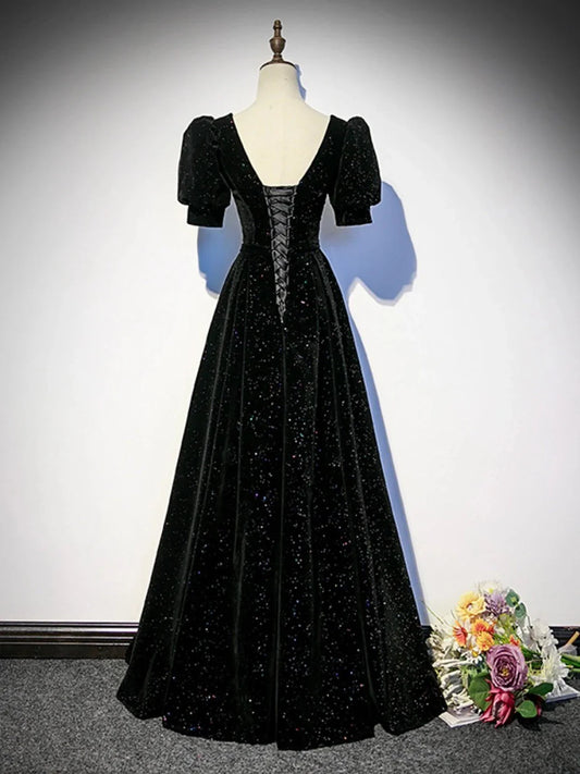Black A-line Velvet Long Prom Dress Party Dress, Black Short Sleeves Prom Dress TP981