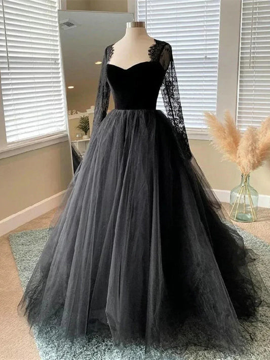 Vestido formal negro de tul con mangas largas de encaje y corte en A, vestido de fiesta negro TP982