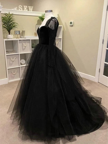 Vestido formal negro de tul con mangas largas de encaje y corte en A, vestido de fiesta negro TP982