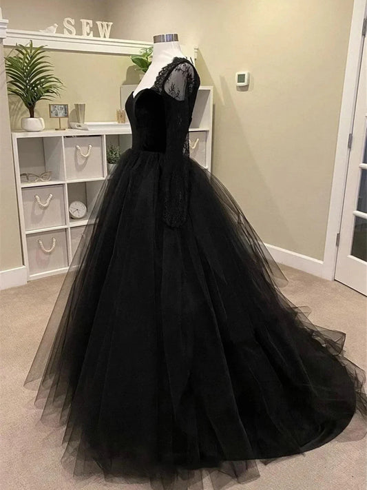 Vestido formal negro de tul con mangas largas de encaje y corte en A, vestido de fiesta negro TP982