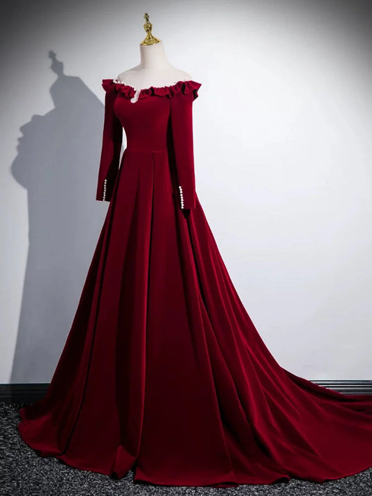 A-line Wine Red Velvet Long Sleeves Low Back Prom Dress, Wine Red Party Dress TP983