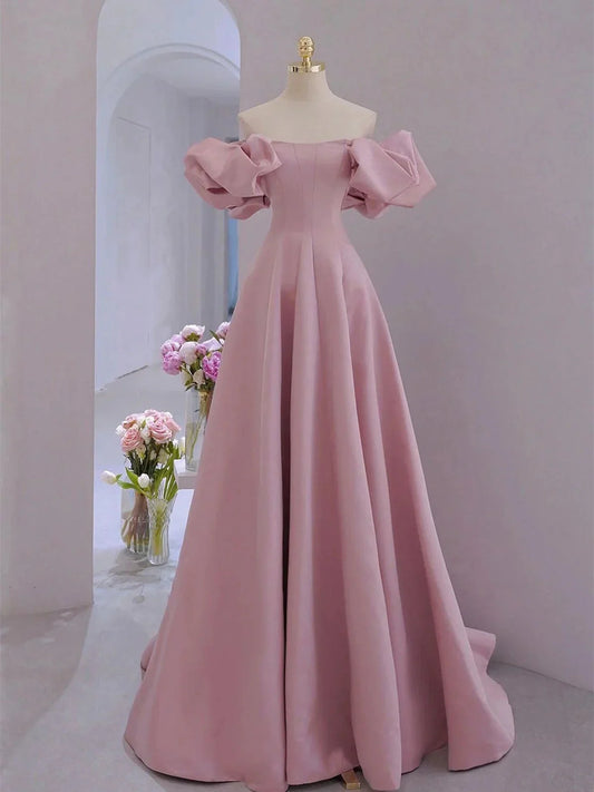 Vestido de fiesta de satén rosa, corte A, largo hasta el suelo, vestido de fiesta de satén rosa con mangas cortas TP984