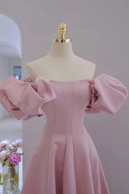 Vestido de fiesta de satén rosa, corte A, largo hasta el suelo, vestido de fiesta de satén rosa con mangas cortas TP984