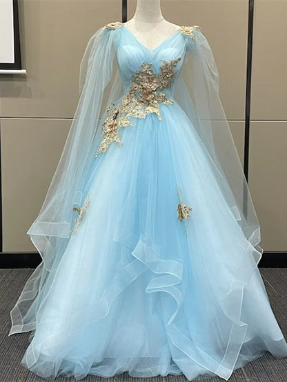 Vestido de fiesta de tul azul claro con apliques de encaje dorado, vestido de fiesta azul claro TP985