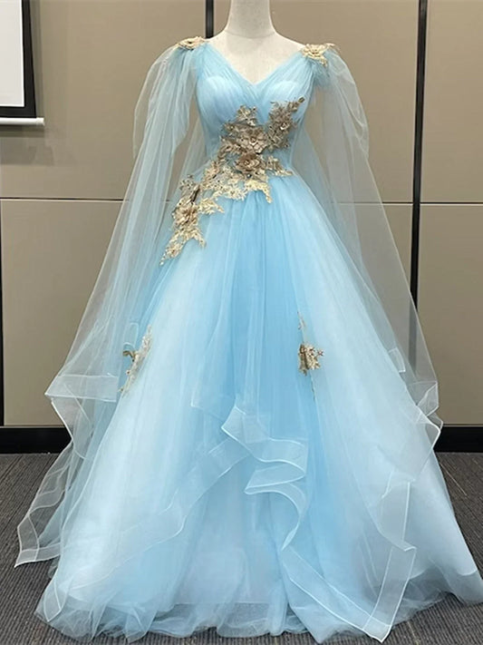 Vestido de fiesta de tul azul claro con apliques de encaje dorado, vestido de fiesta azul claro TP985