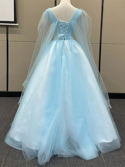 Vestido de fiesta de tul azul claro con apliques de encaje dorado, vestido de fiesta azul claro TP985