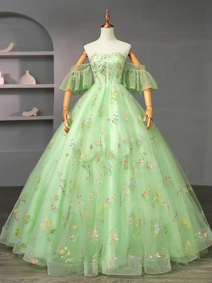 Vestido formal largo con tirantes florales de tul verde claro, vestido de fiesta verde claro TP987