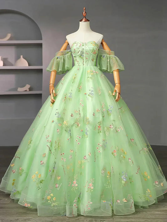Vestido formal largo con tirantes florales de tul verde claro, vestido de fiesta verde claro TP987