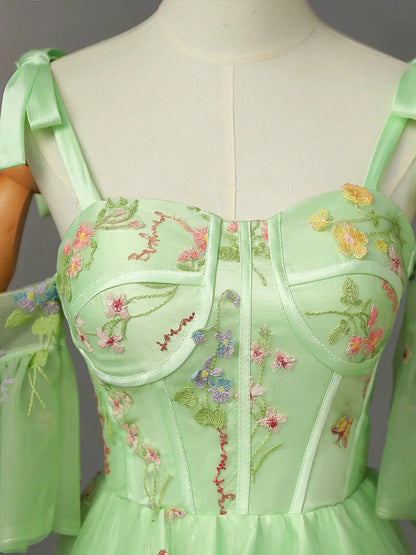 Vestido formal largo con tirantes florales de tul verde claro, vestido de fiesta verde claro TP987