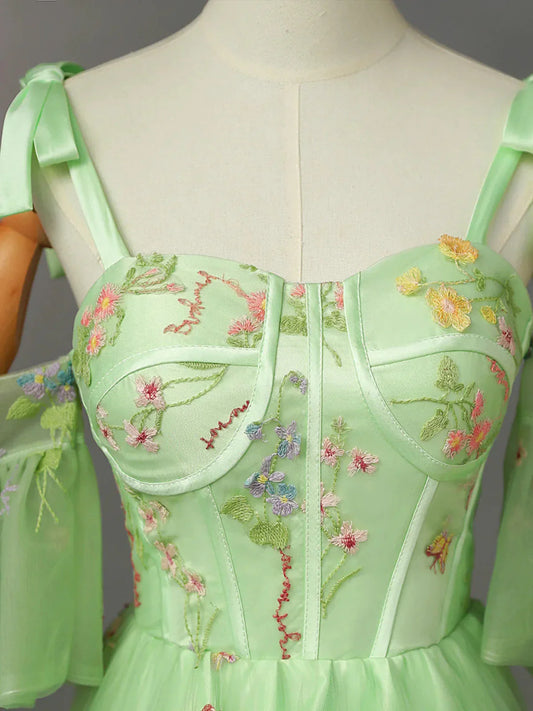 Vestido formal largo con tirantes florales de tul verde claro, vestido de fiesta verde claro TP987