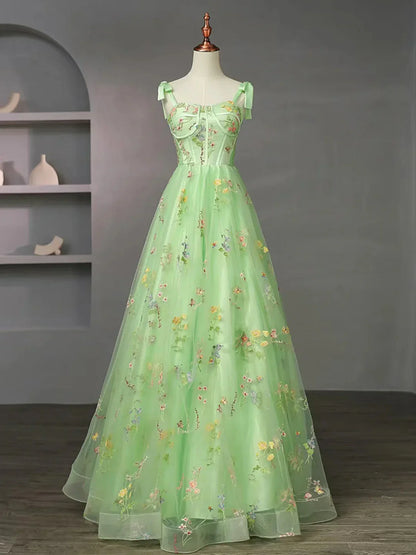 Vestido formal largo con tirantes florales de tul verde claro, vestido de fiesta verde claro TP987
