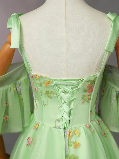 Vestido formal largo con tirantes florales de tul verde claro, vestido de fiesta verde claro TP987