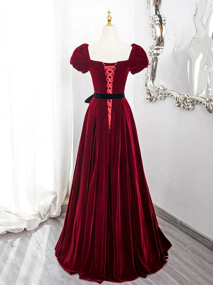 Vestido de fiesta de terciopelo rojo vino con mangas cortas y corte A, vestido de fiesta largo rojo vino TP988