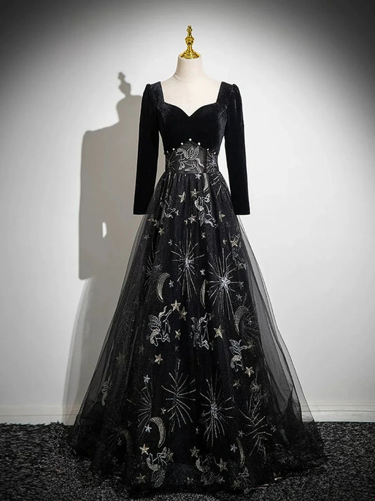 Black Long Sleeves Velet and Tulle Party Dress, Black Sweetheart Prom Dress TP989