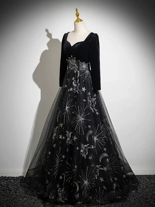 Black Long Sleeves Velet and Tulle Party Dress, Black Sweetheart Prom Dress TP989
