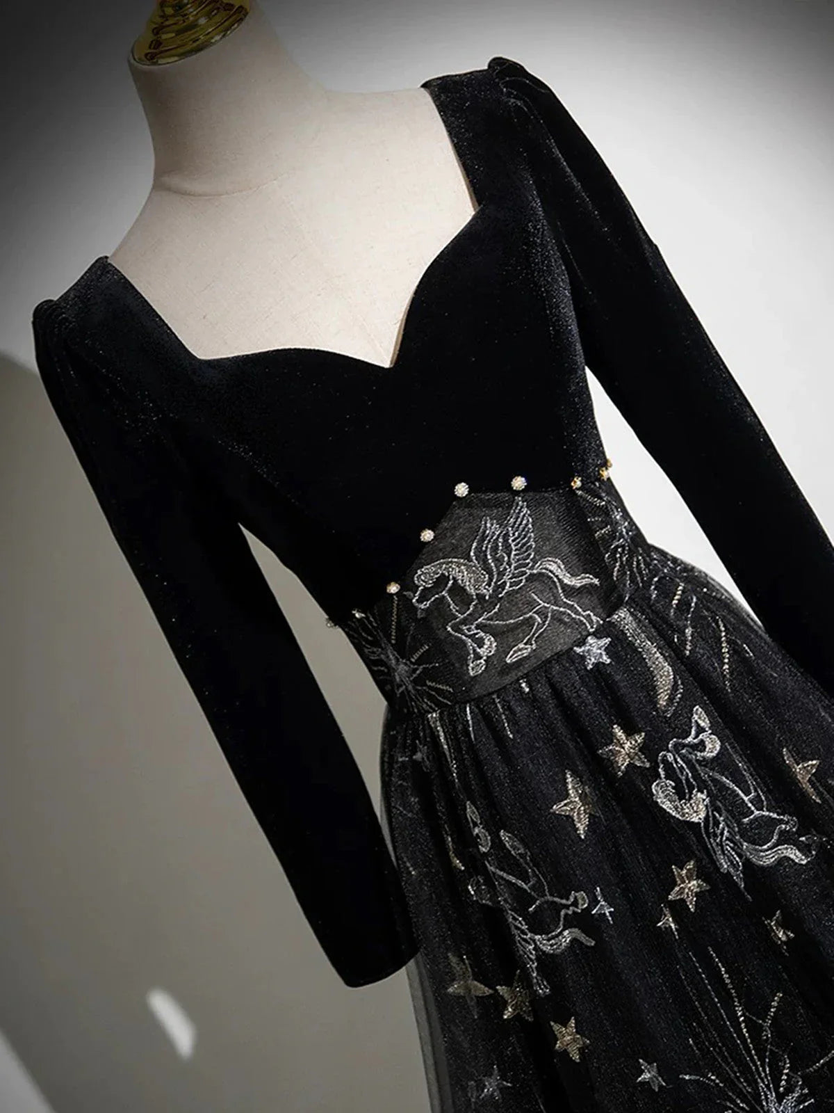 Black Long Sleeves Velet and Tulle Party Dress, Black Sweetheart Prom Dress TP989