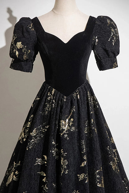 Vestido de fiesta largo negro de corte A, manga corta, escote corazón, estampado floral, vestido de fiesta negro TP991