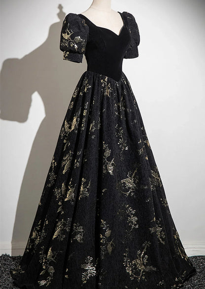 Vestido de fiesta largo negro de corte A, manga corta, escote corazón, estampado floral, vestido de fiesta negro TP991