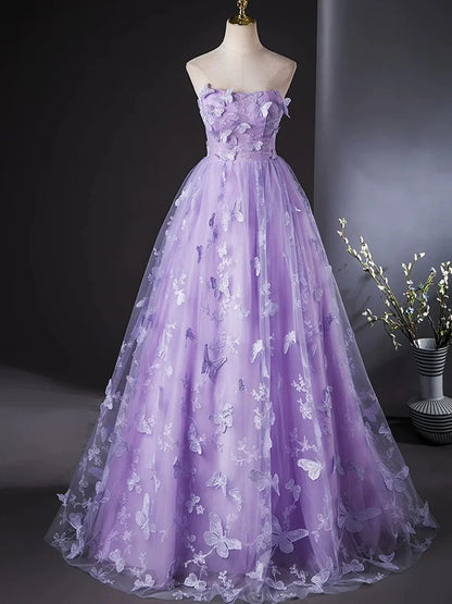 Vestido de fiesta morado de encaje sin tirantes y largo hasta el suelo, vestido de fiesta morado de encaje TP996