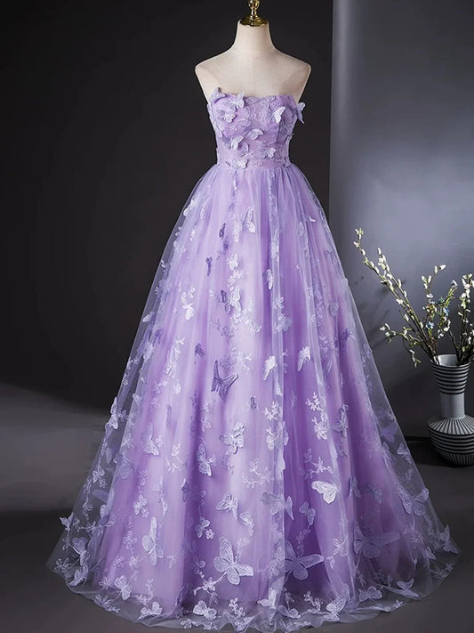 Vestido de fiesta morado de encaje sin tirantes y largo hasta el suelo, vestido de fiesta morado de encaje TP996