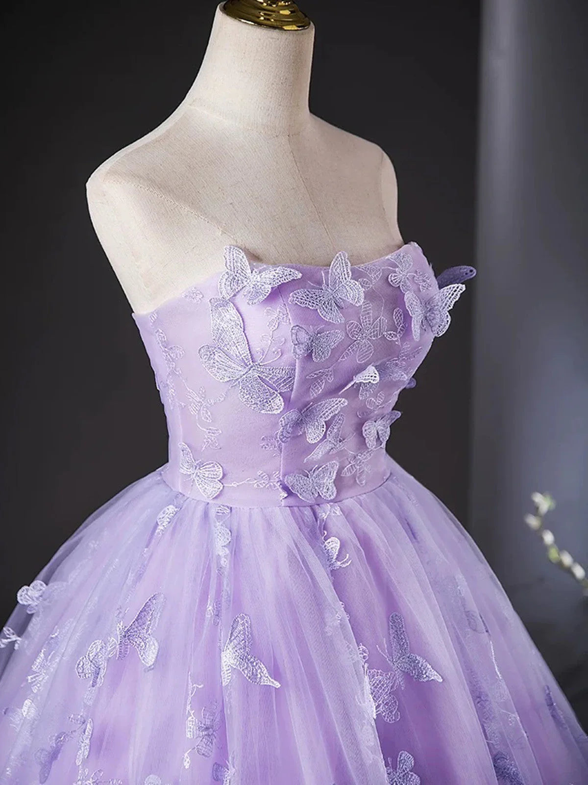 Vestido de fiesta morado de encaje sin tirantes y largo hasta el suelo, vestido de fiesta morado de encaje TP996