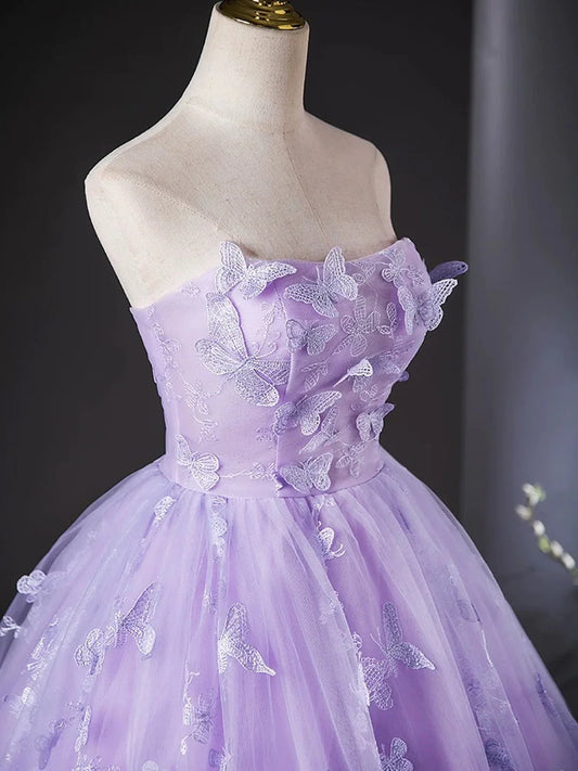 Vestido de fiesta morado de encaje sin tirantes y largo hasta el suelo, vestido de fiesta morado de encaje TP996