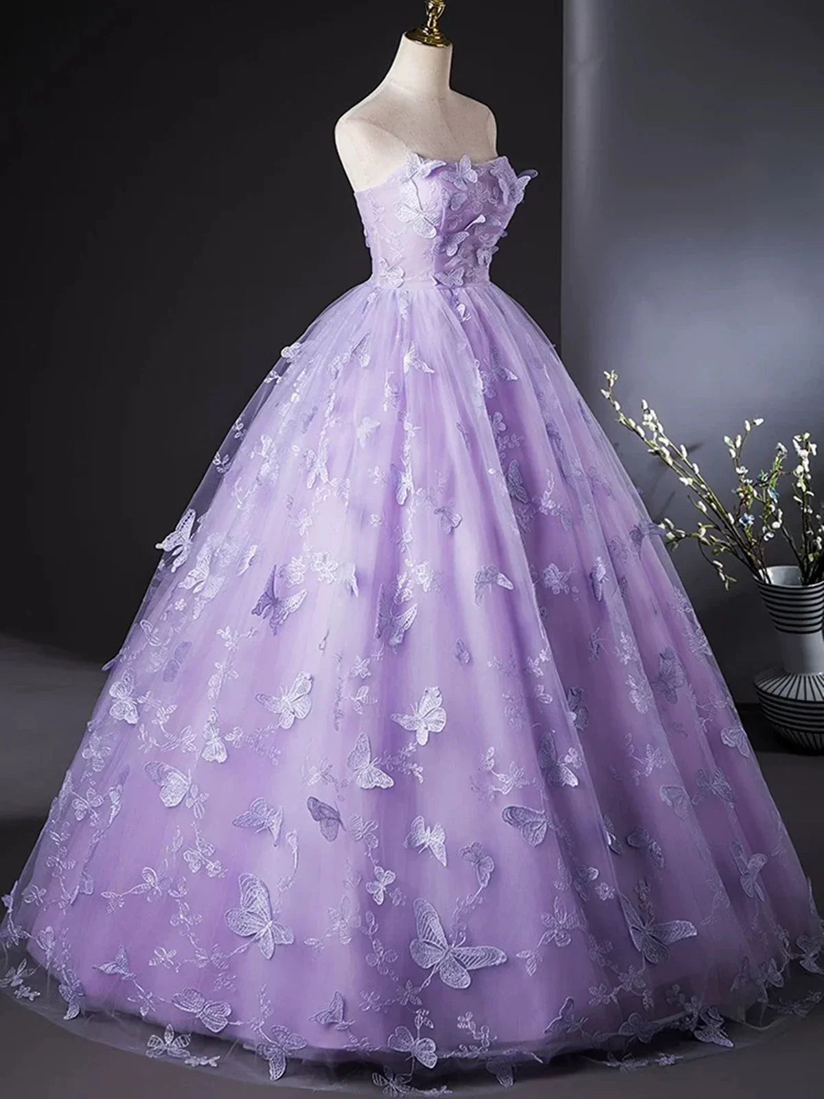 Vestido de fiesta morado de encaje sin tirantes y largo hasta el suelo, vestido de fiesta morado de encaje TP996