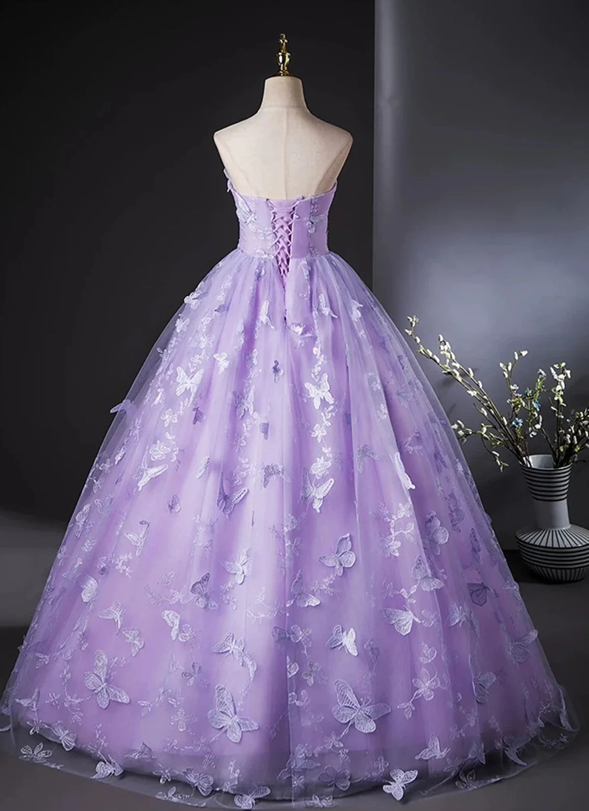 Vestido de fiesta morado de encaje sin tirantes y largo hasta el suelo, vestido de fiesta morado de encaje TP996