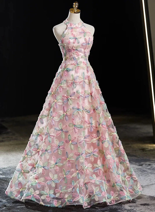 Vestido de fiesta largo rosa con escote halter, corte A y encaje floral, espalda baja, TP997