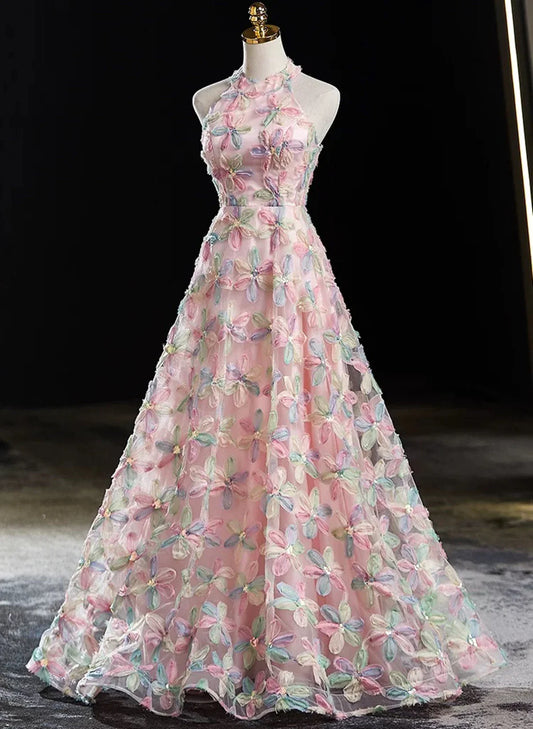 Vestido de fiesta largo rosa con escote halter, corte A y encaje floral, espalda baja, TP997