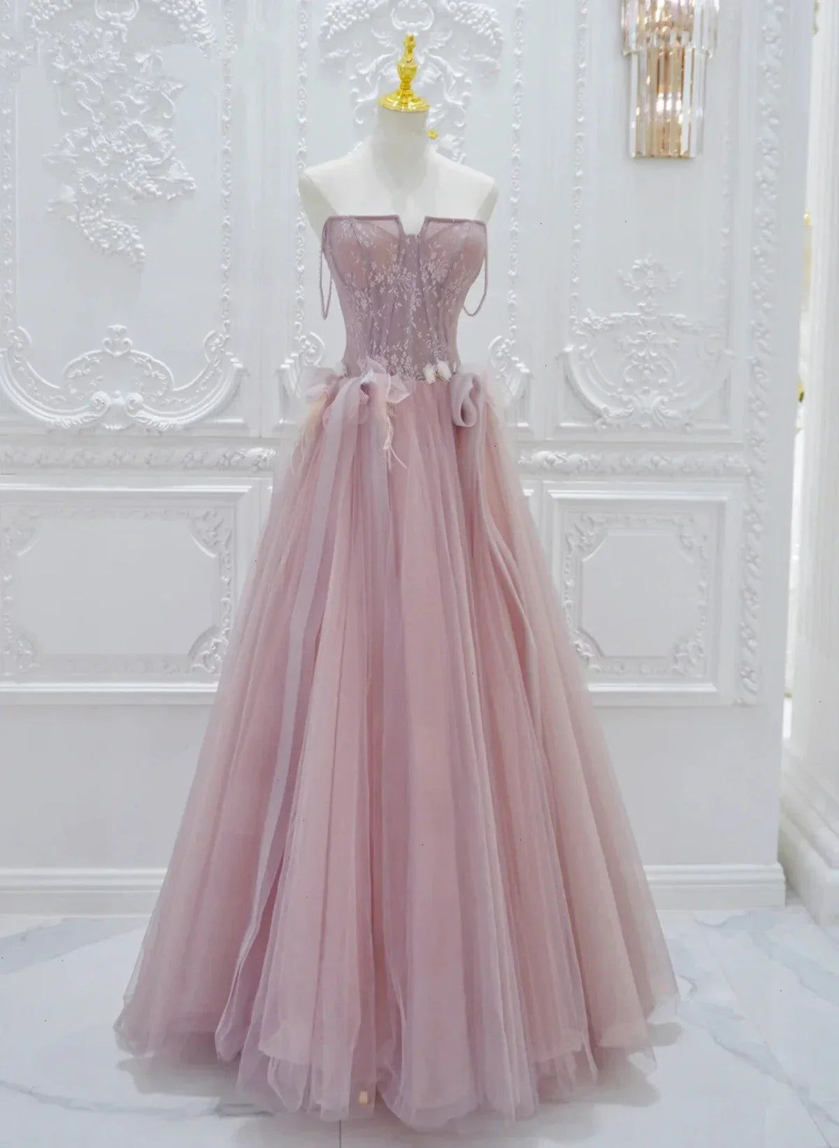 Vestido de fiesta de tul rosa con encaje, corte A, TP998