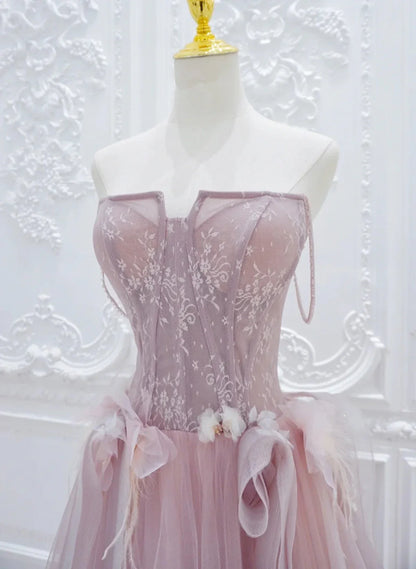 Vestido de fiesta de tul rosa con encaje, corte A, TP998