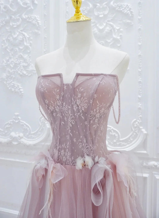 Vestido de fiesta de tul rosa con encaje, corte A, TP998
