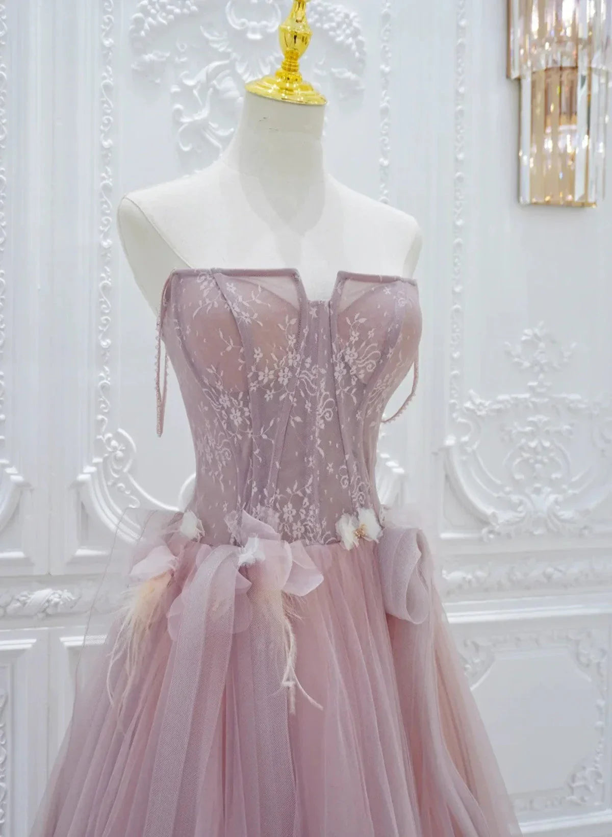 Vestido de fiesta de tul rosa con encaje, corte A, TP998