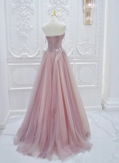 Vestido de fiesta de tul rosa con encaje, corte A, TP998