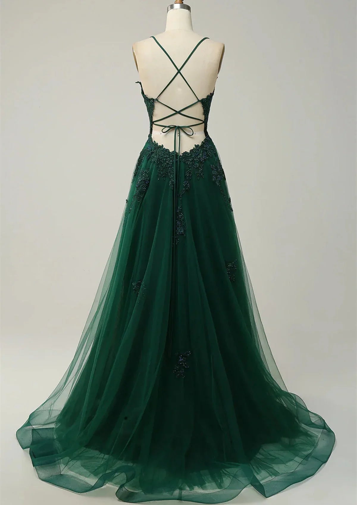 Green V-neckline Tulle with Lace Cross Back, Green Tulle Prom Dress TP999