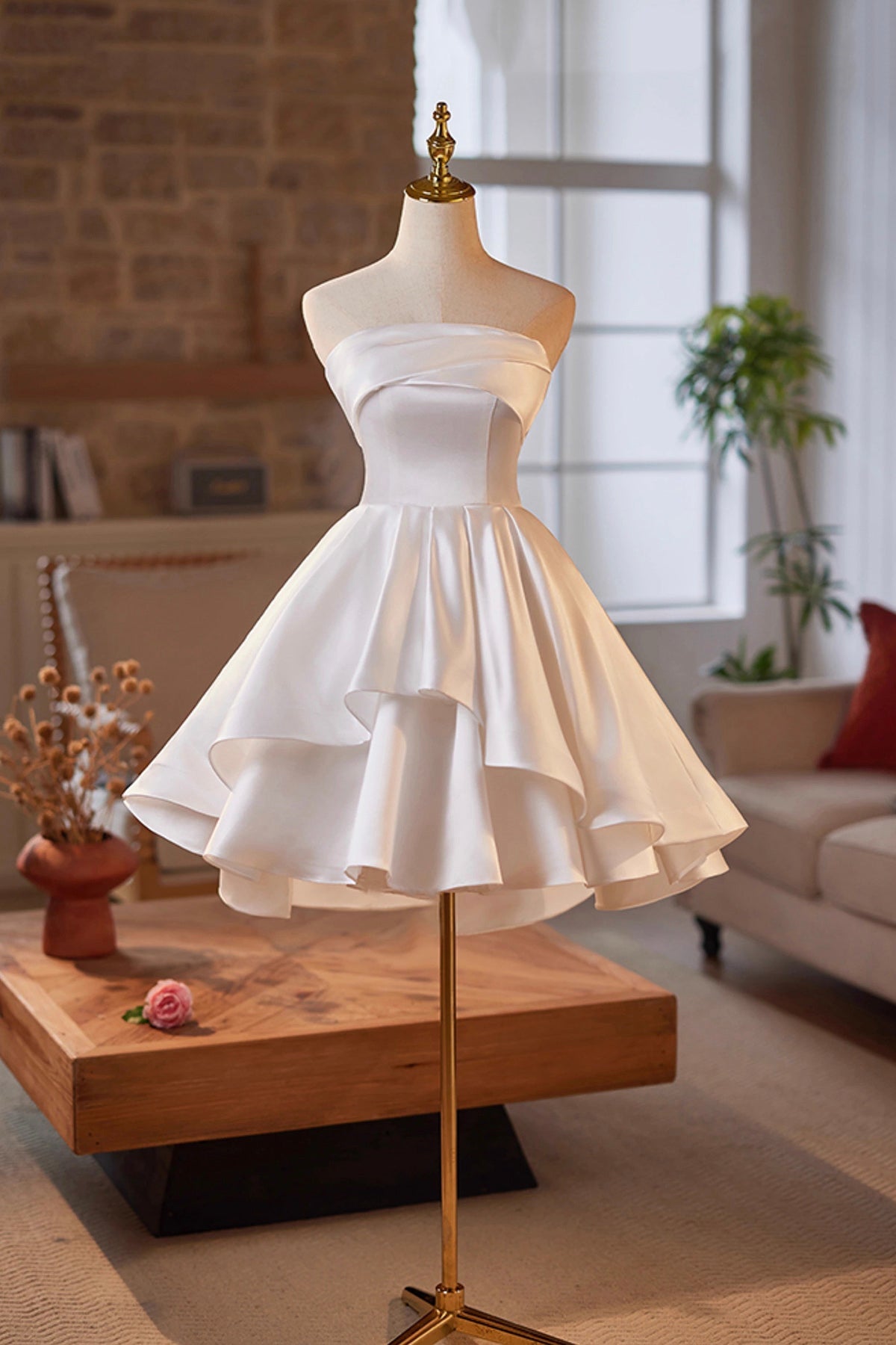 White Strapless Satin Short Prom Dress, White A-Line Evening Party Dress