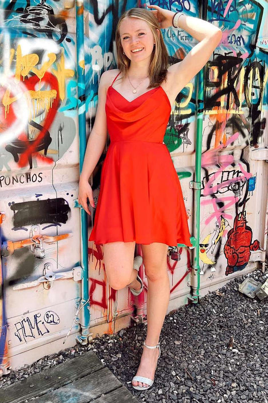 Vestido de fiesta de satén rosa neón con cordones y corte A, vestido de noche corto para fiesta