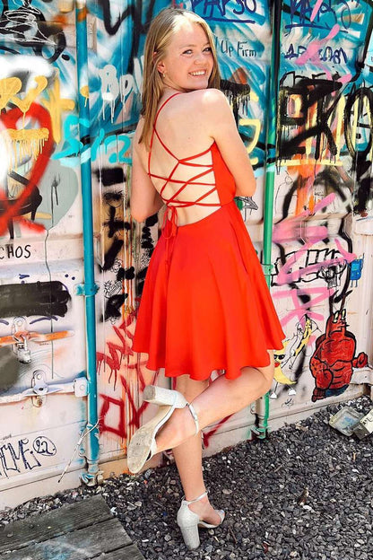 Vestido de fiesta de satén rosa neón con cordones y corte A, vestido de noche corto para fiesta