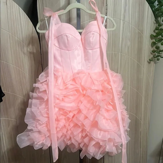 Fashion Pink Sweetheart Tulle Design Spaghetti Strap Tiered Homecoming Dress TP3760