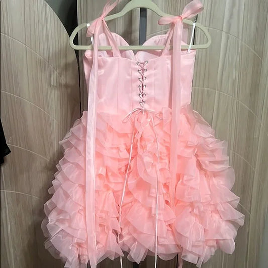 Fashion Pink Sweetheart Tulle Design Spaghetti Strap Tiered Homecoming Dress TP3760