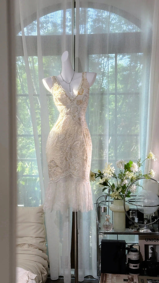shopuniqlos-Ivory White Short Beaded Sequin Lace Homecoming Dress Birthday Party Dress]Pink floral vintage dress long chiffon Prom Dress evening dress graduation dress party dress gh5243