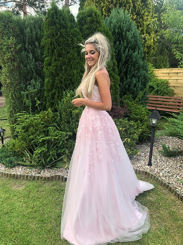 A Line Strapless Tulle Prom Dress With Appliques,WP313