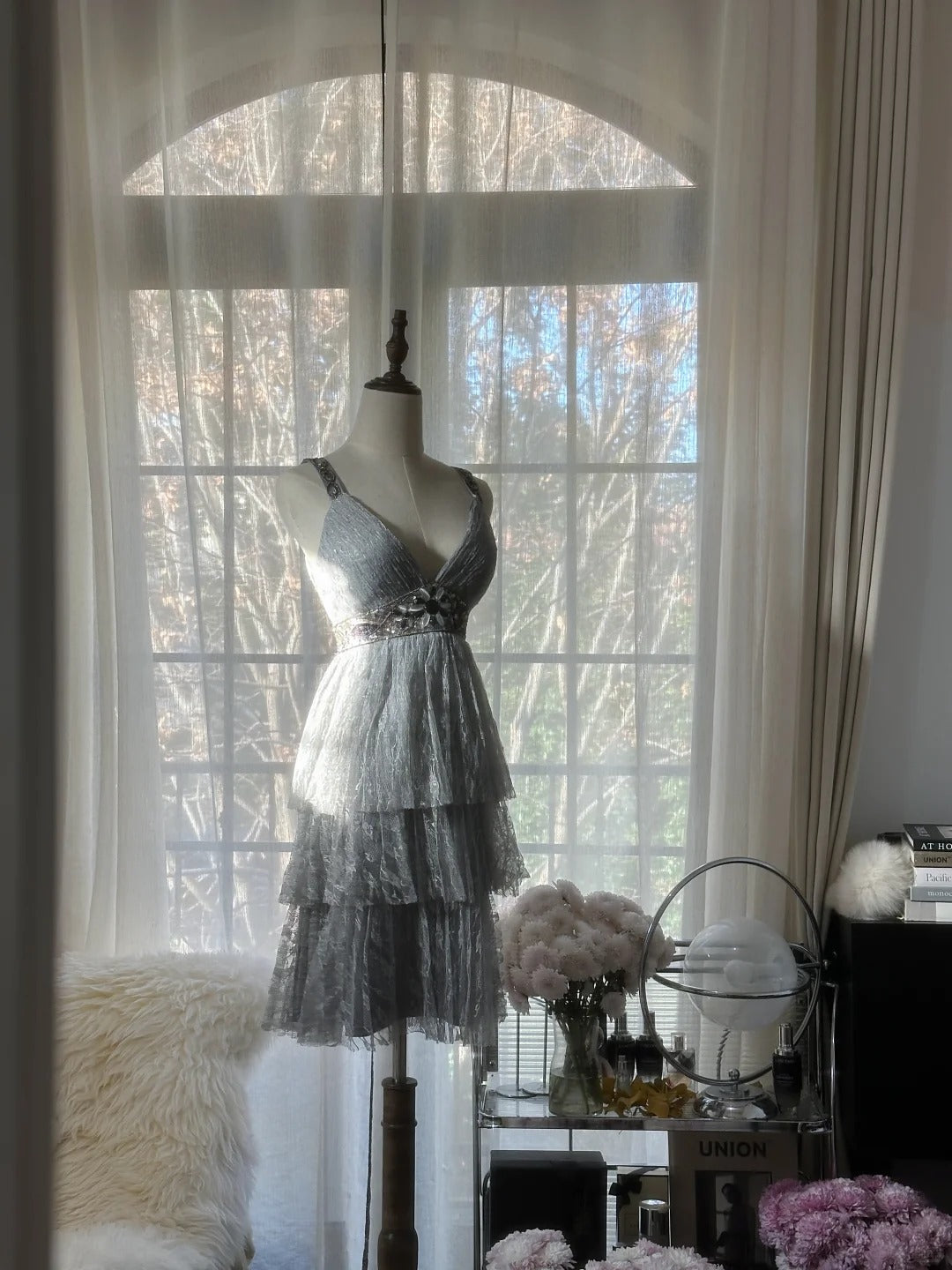 Chic Gray Beading Appliques A-line V-neck Tiered Party Dresses Homecoming Dresses, TP3783