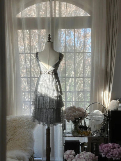 Chic Gray Beading Appliques A-line V-neck Tiered Party Dresses Homecoming Dresses, TP3783