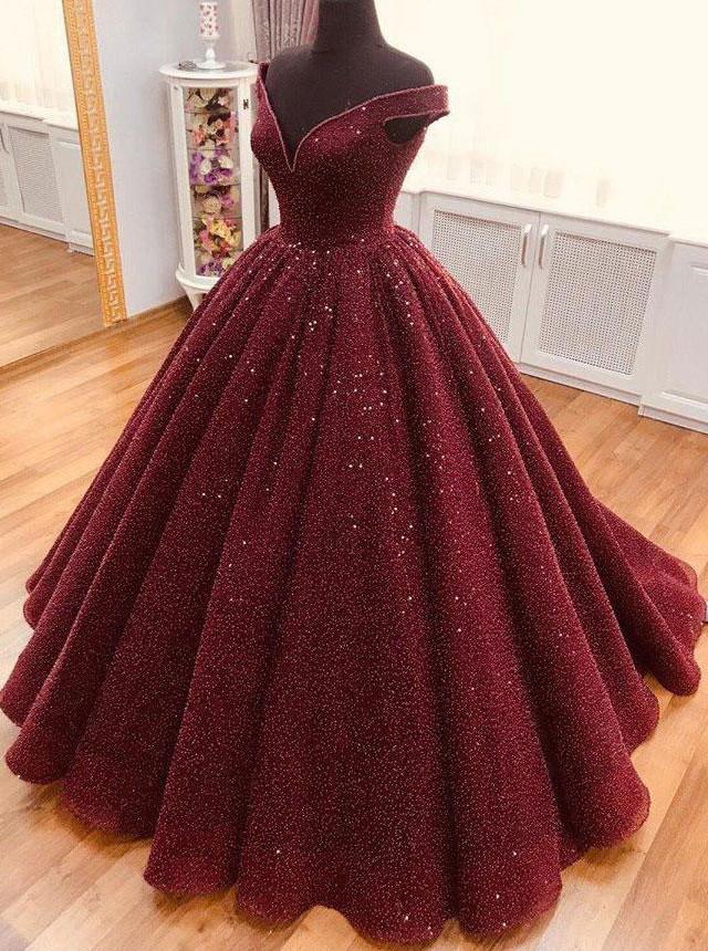 Sparkly Burgundy Quinceanera Dress V neck Ball Gown Prom Dress MP706