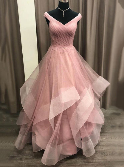 A-line Off Shoulder Tulle Long Prom Dress With Layered MP707