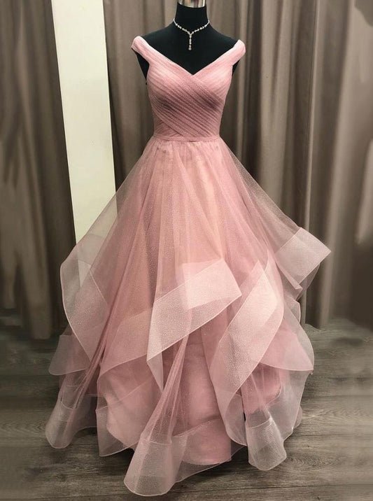 A-line Off Shoulder Tulle Long Prom Dress With Layered MP707