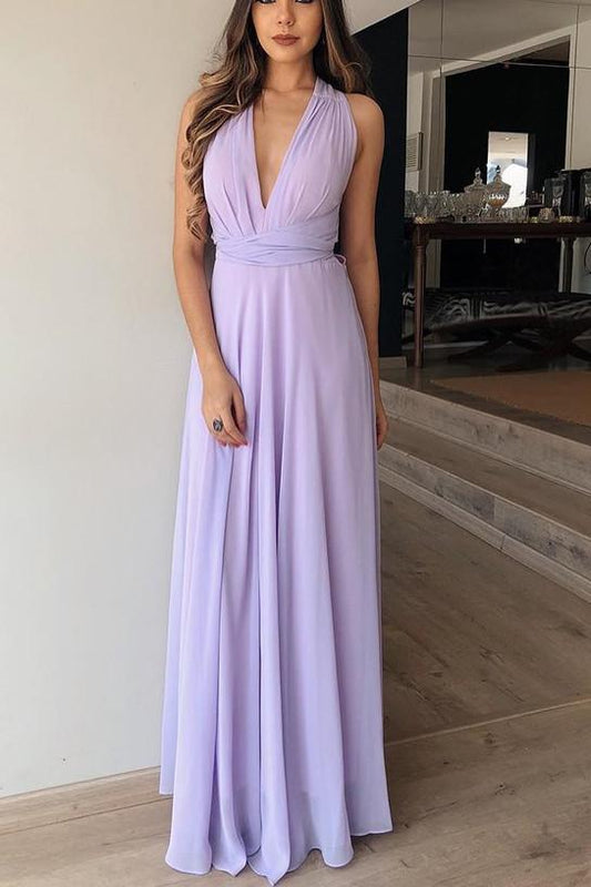 Flowy A-Line V-Neck Lilac Chiffon Long Bridesmaid Dress PB130